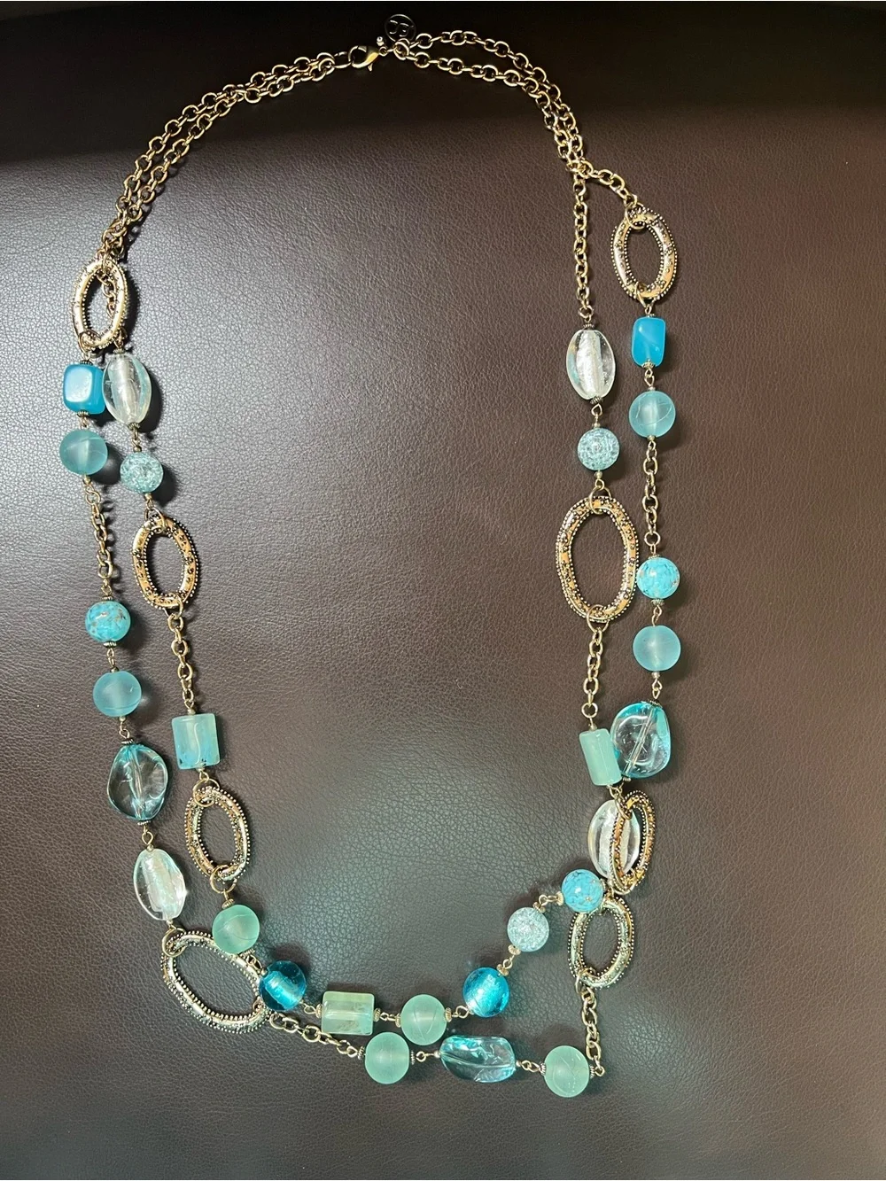 Erica Lyons Necklace Multi-layered Gold-Tone Chain with Blue Aqua Beads 36”